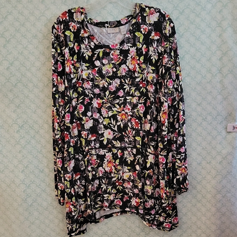 Cato Black and Pink Ruffled Asymmetrical Blouse
